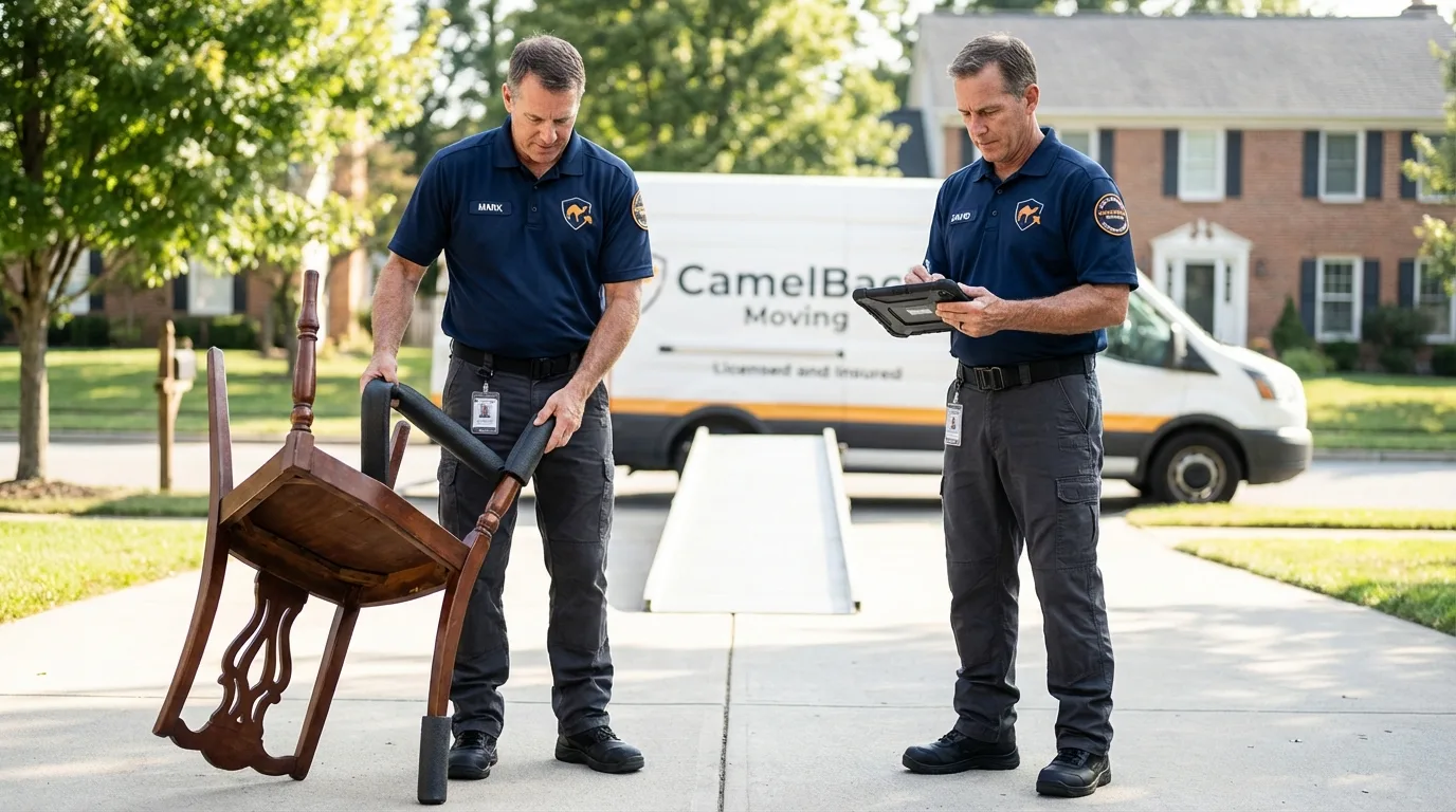 Movers inspecting furniture for damage prevention before loading in Folkston, GA