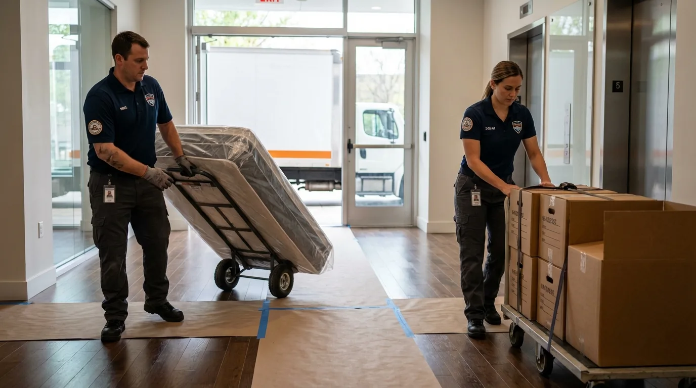 Professional apartment movers loading elevator in Folkston, GA