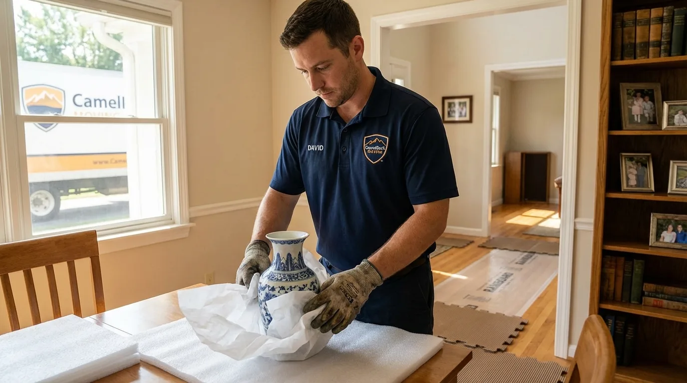 Professional crew carefully wrapping antique vase for senior downsizing move in Folkston, GA